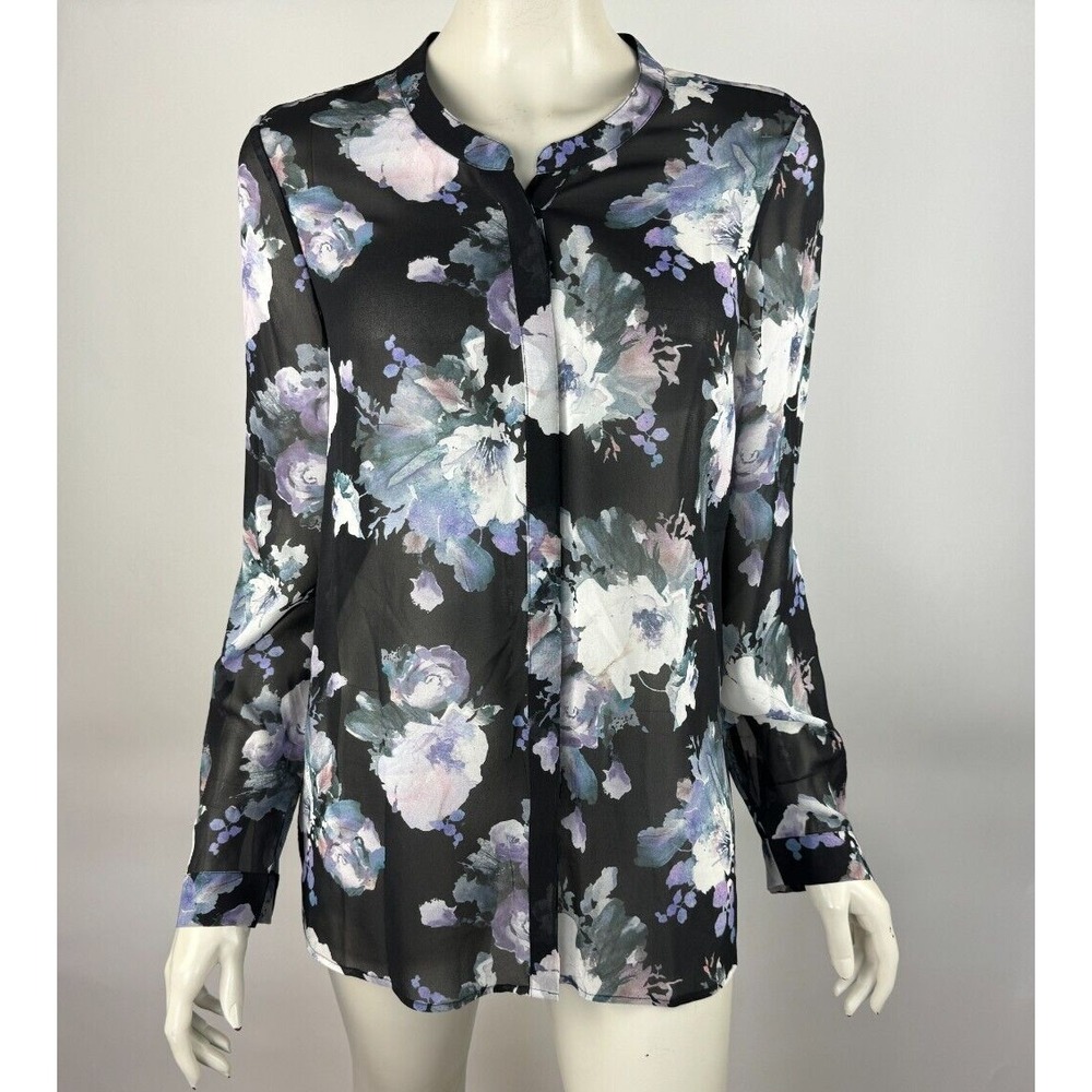 Joie Michi Silk Floral‎ Blouse Women L EUC Long Sleeve Sheer Crew neck Top Black